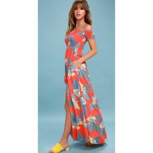 Patsy Coral Red Floral Print Off-The-Shoulder Maxi Dress